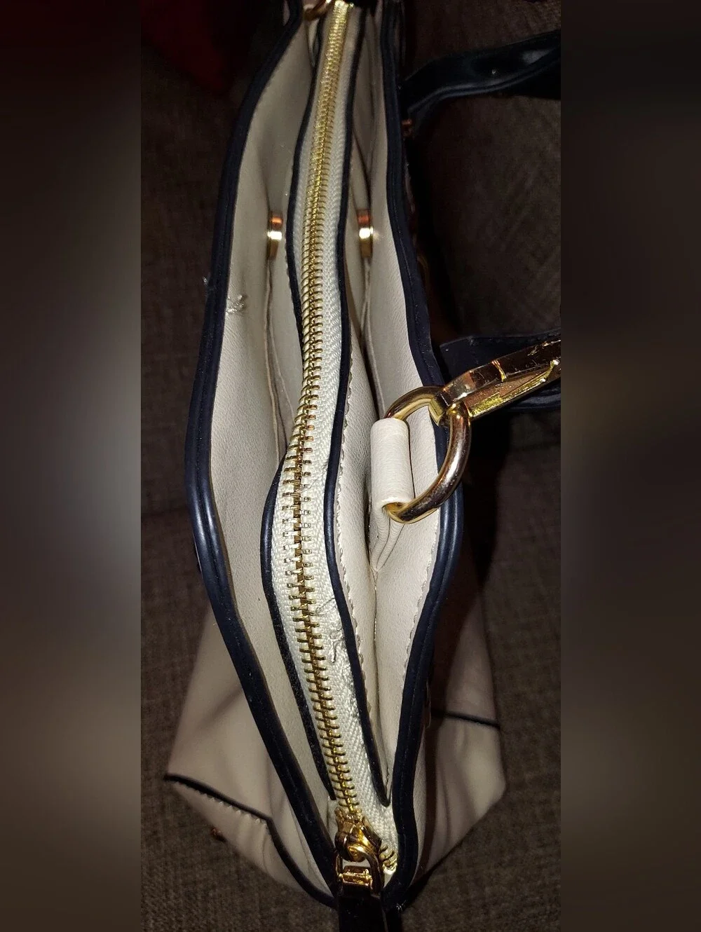 Adrienne Vittadini Cream Croc-Embossed Satchel with Black Trim & Gold Hardware